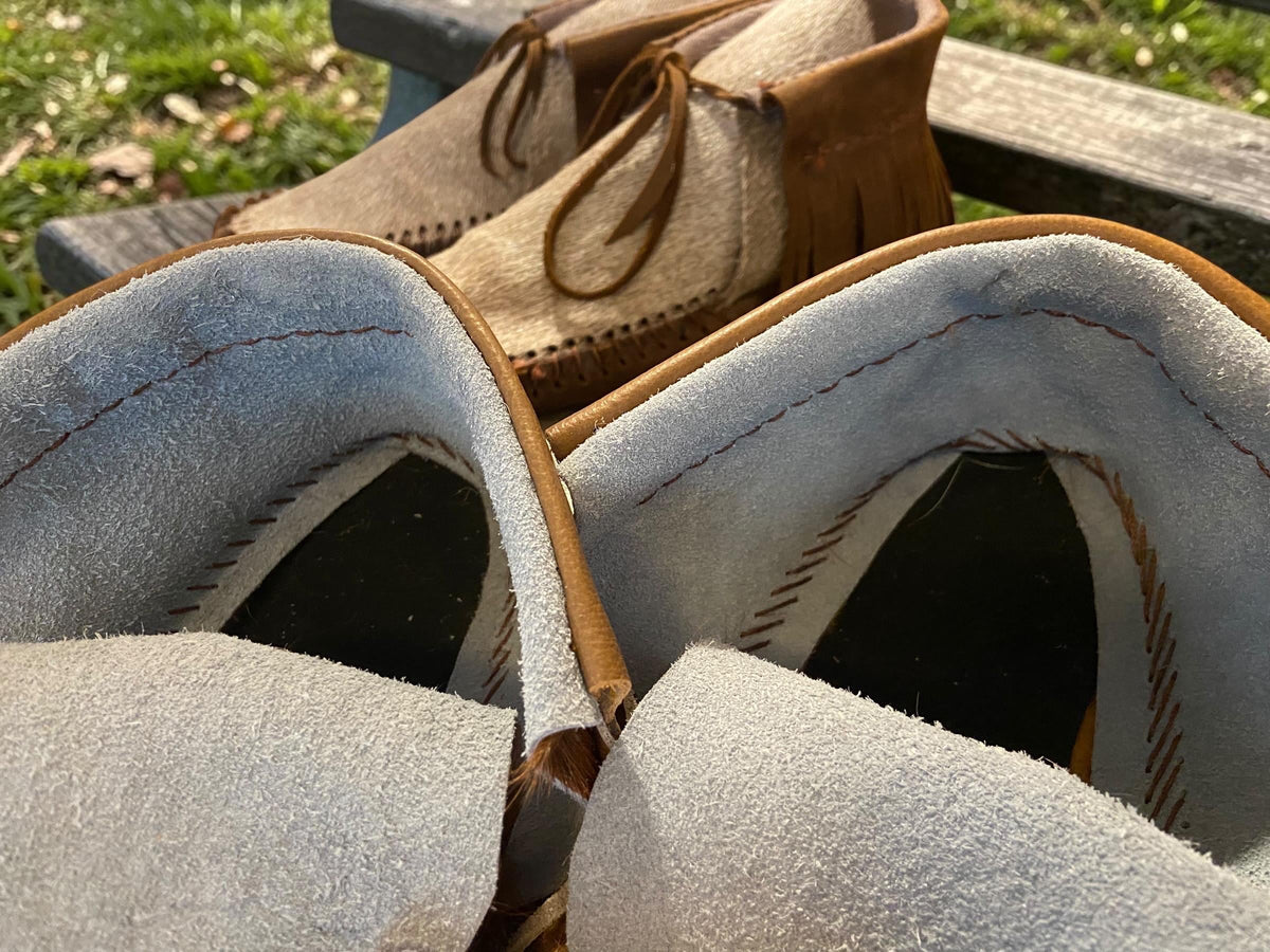 Handmade Deerskin Moccasins, Fringe Ankle, Double Sole, Custom Fit