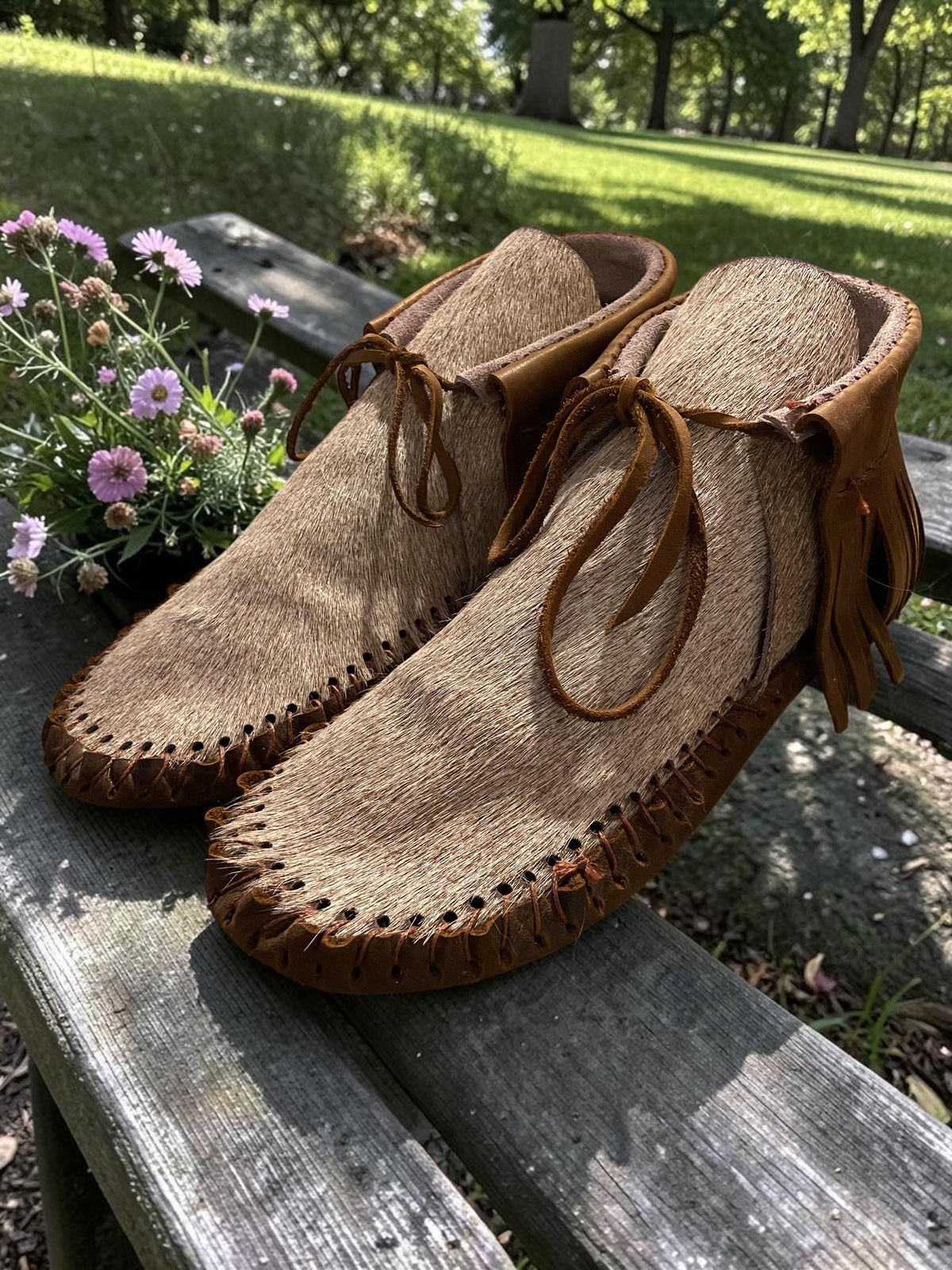 Handmade Hair-On Hide Moccasins | Deerskin, Double Sole Fringe Ankle Boots | Grounding, Barefoot, Earthing Moccasins