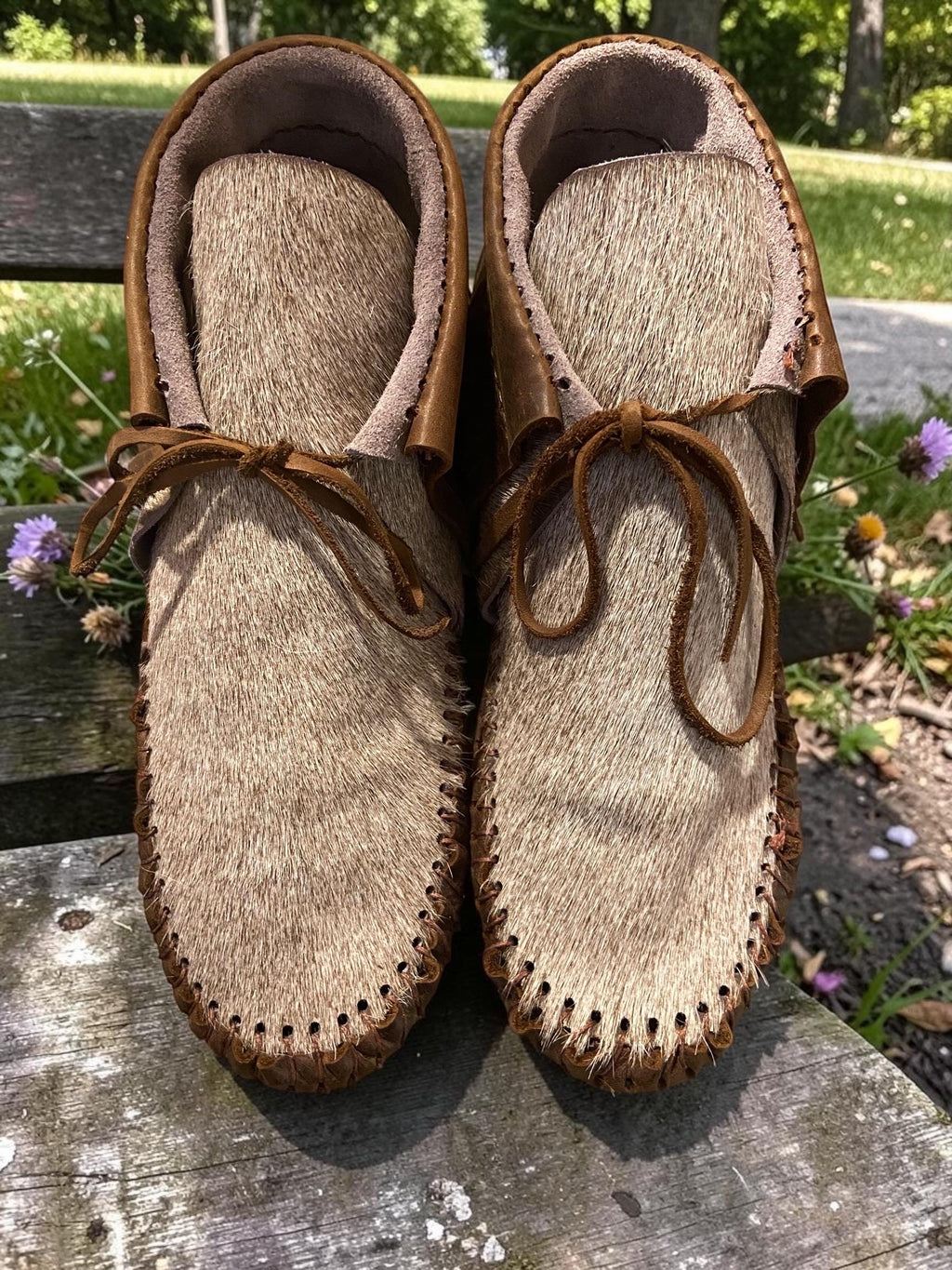 Handmade Hair-On Hide Moccasins | Deerskin, Double Sole Fringe Ankle Boots | Grounding, Barefoot, Earthing Moccasins