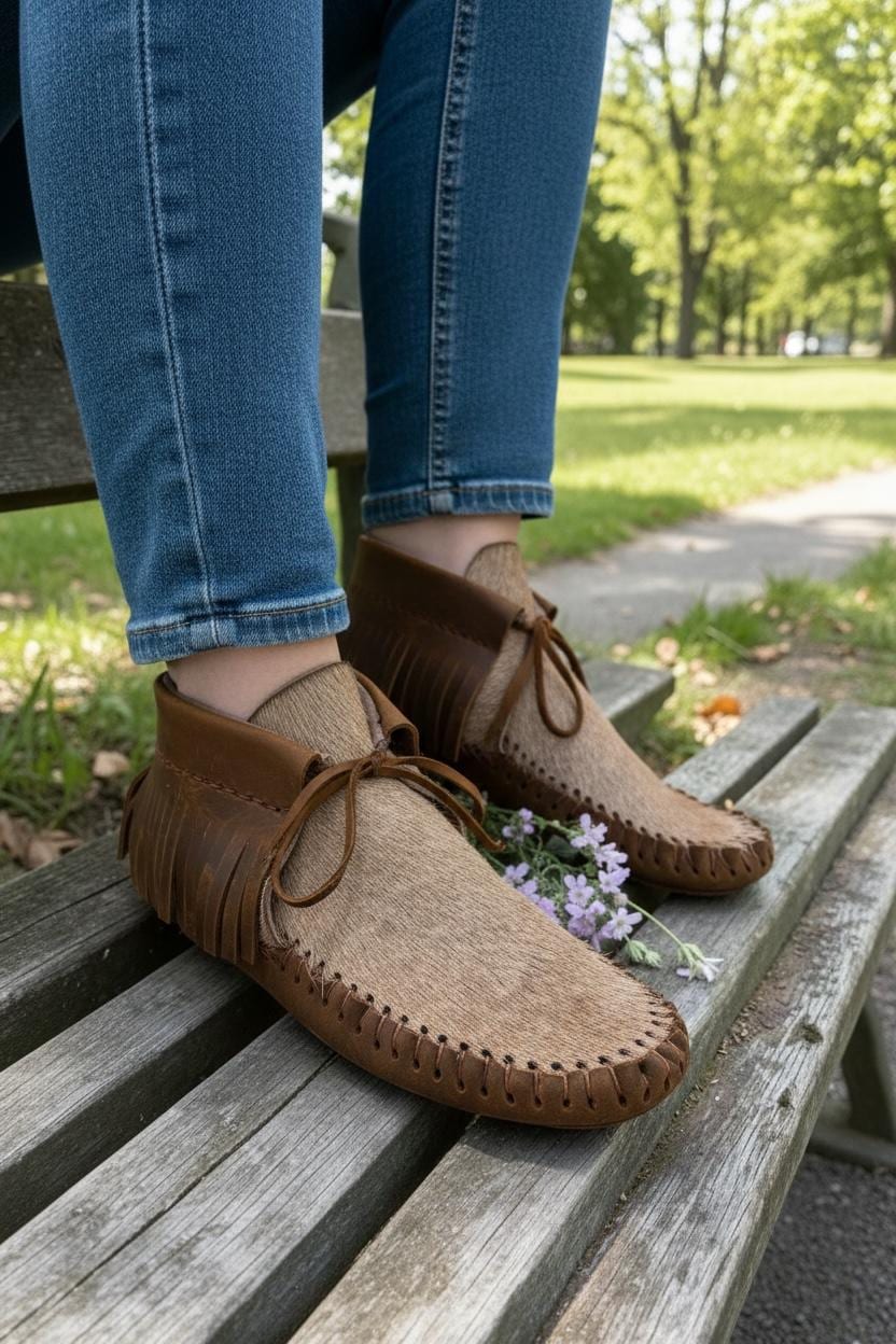 Handmade Hair-On Hide Moccasins | Deerskin, Double Sole Fringe Boots