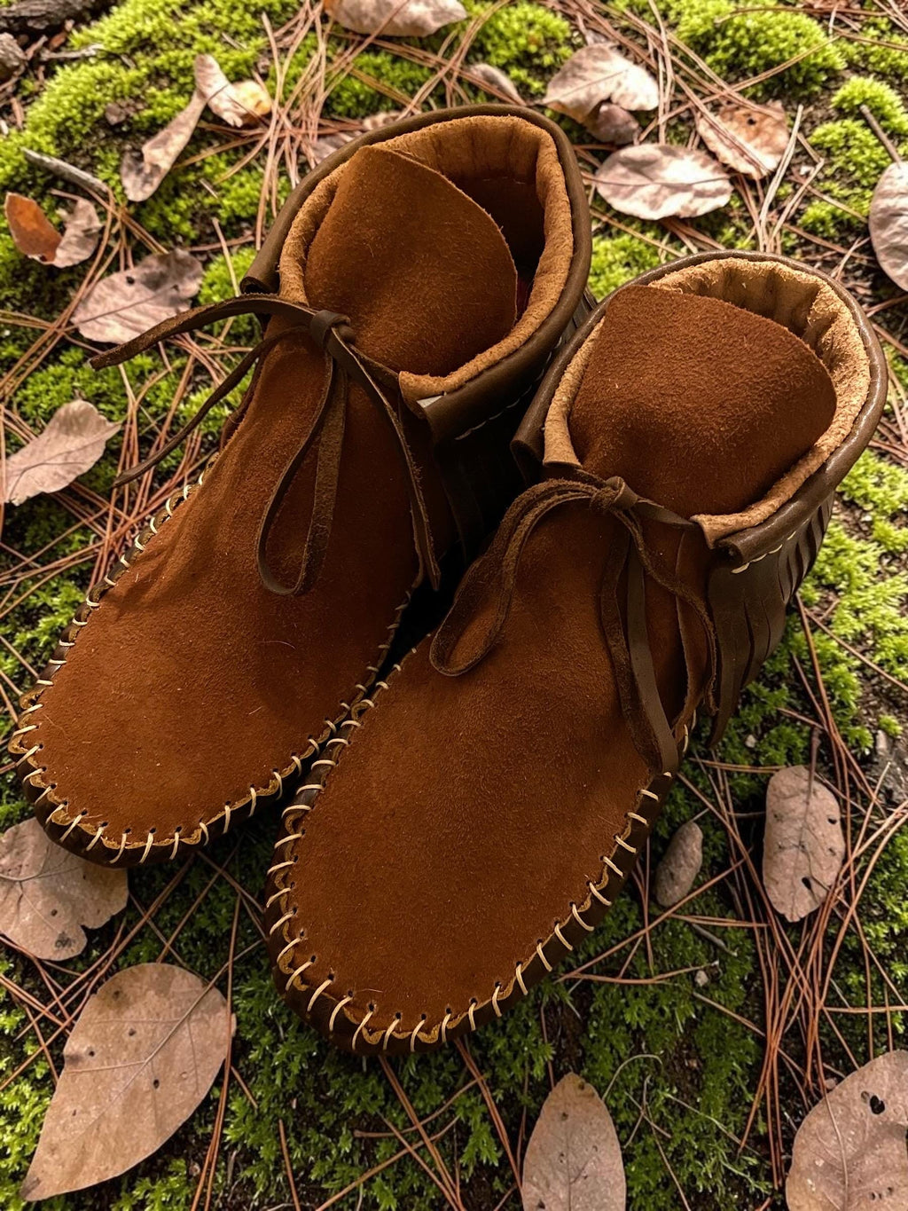 Handmade Grounding Leather Moccasins | Deerskin, Double Sole Fringe Boots