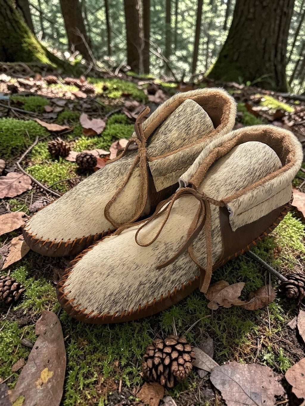 Handmade Hair-On Hide Deerskin Moccasins, Soft or Double Sole Ankle Boots