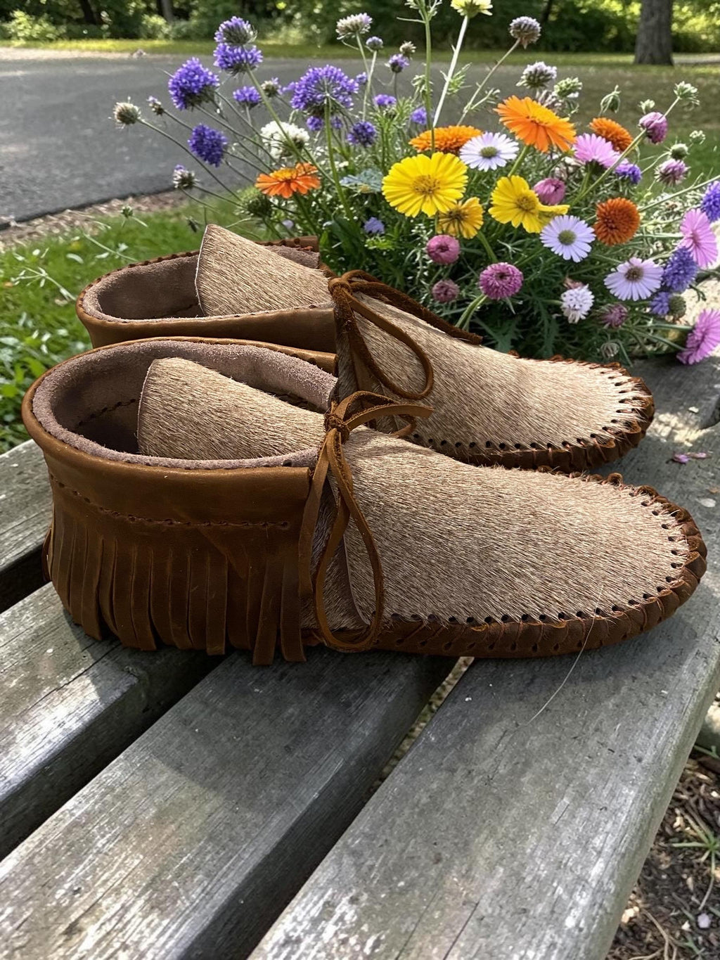 Handmade Hair-On Hide Moccasins | Deerskin, Double Sole Fringe Ankle Boots | Grounding, Barefoot, Earthing Moccasins