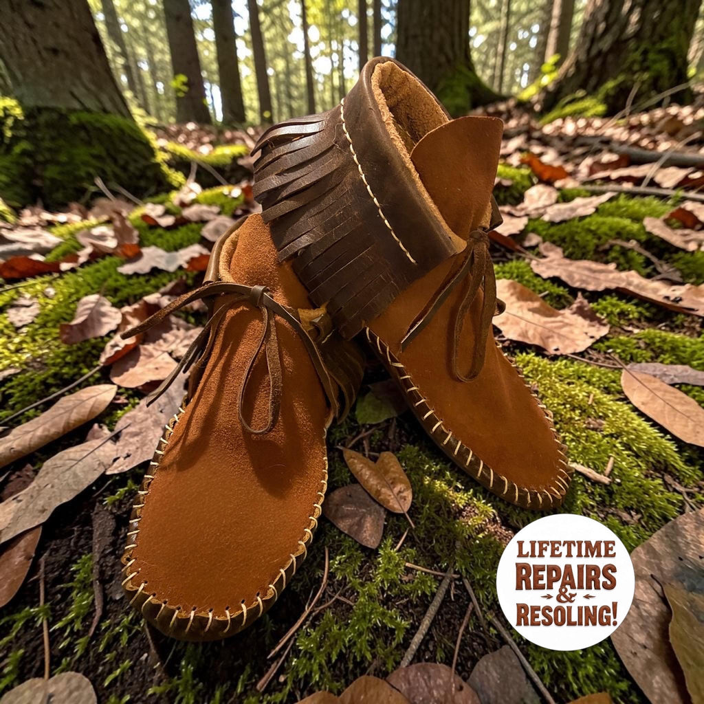 Handmade Grounding Leather Moccasins | Deerskin, Double Sole Fringe Boots
