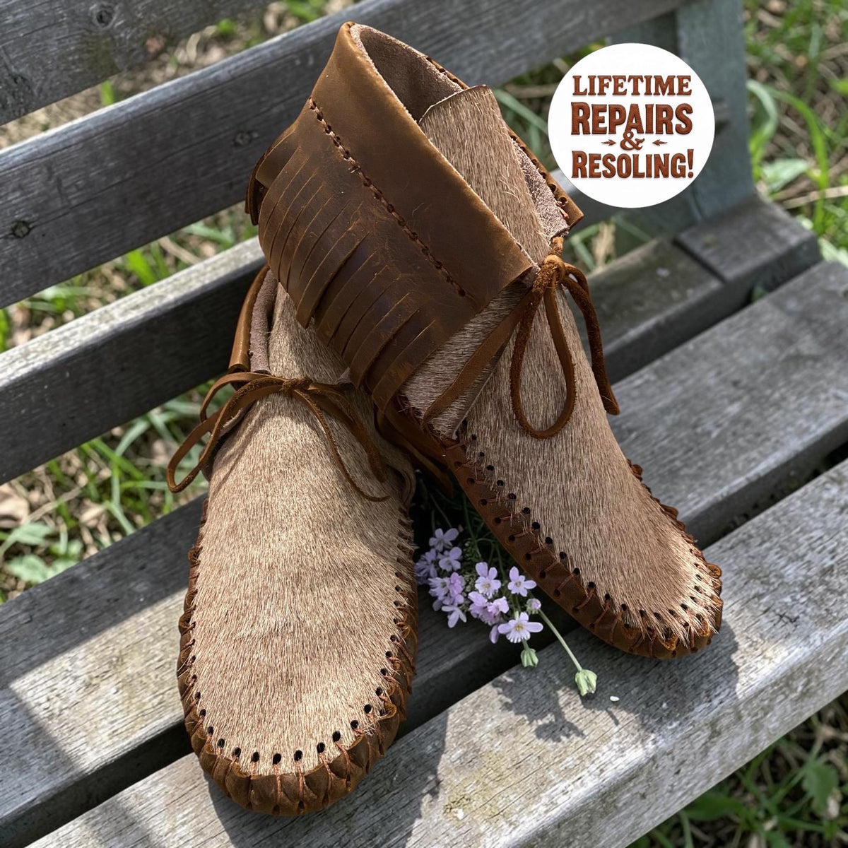 Handmade Hair-On Hide Moccasins | Deerskin, Double Sole Fringe Boots