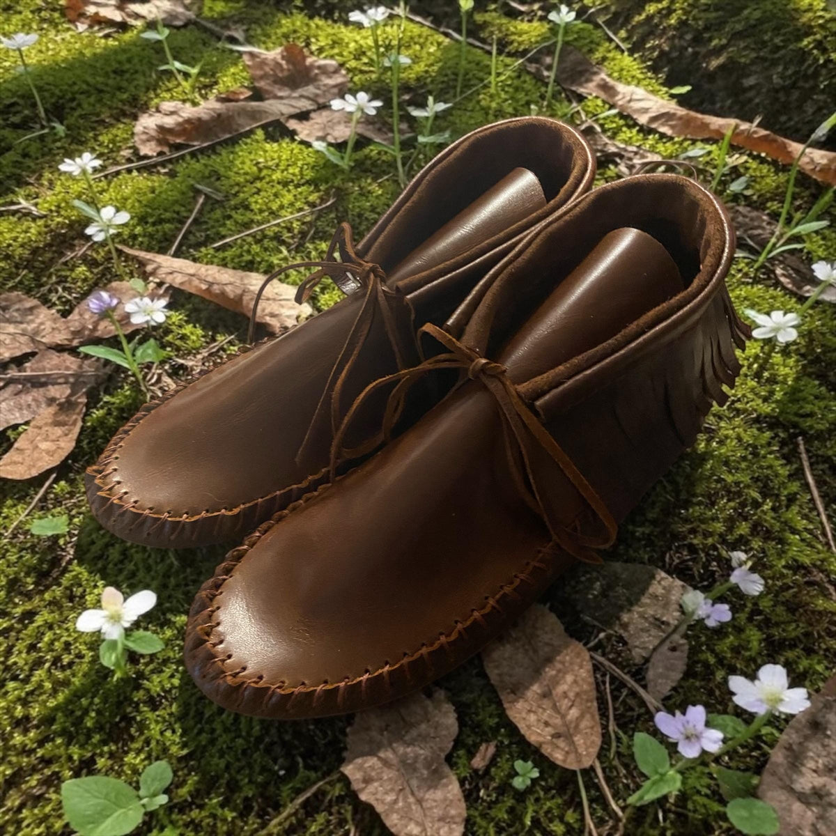 Handmade Leather Moccasins | Deerskin, Double Sole Fringe Boots, Hair-On Hide