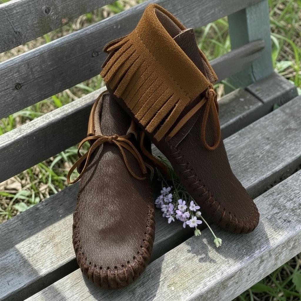 Handmade Italian Leather Moccasins | Deerskin, Double Sole Fringe Boots, Hair-On Hide