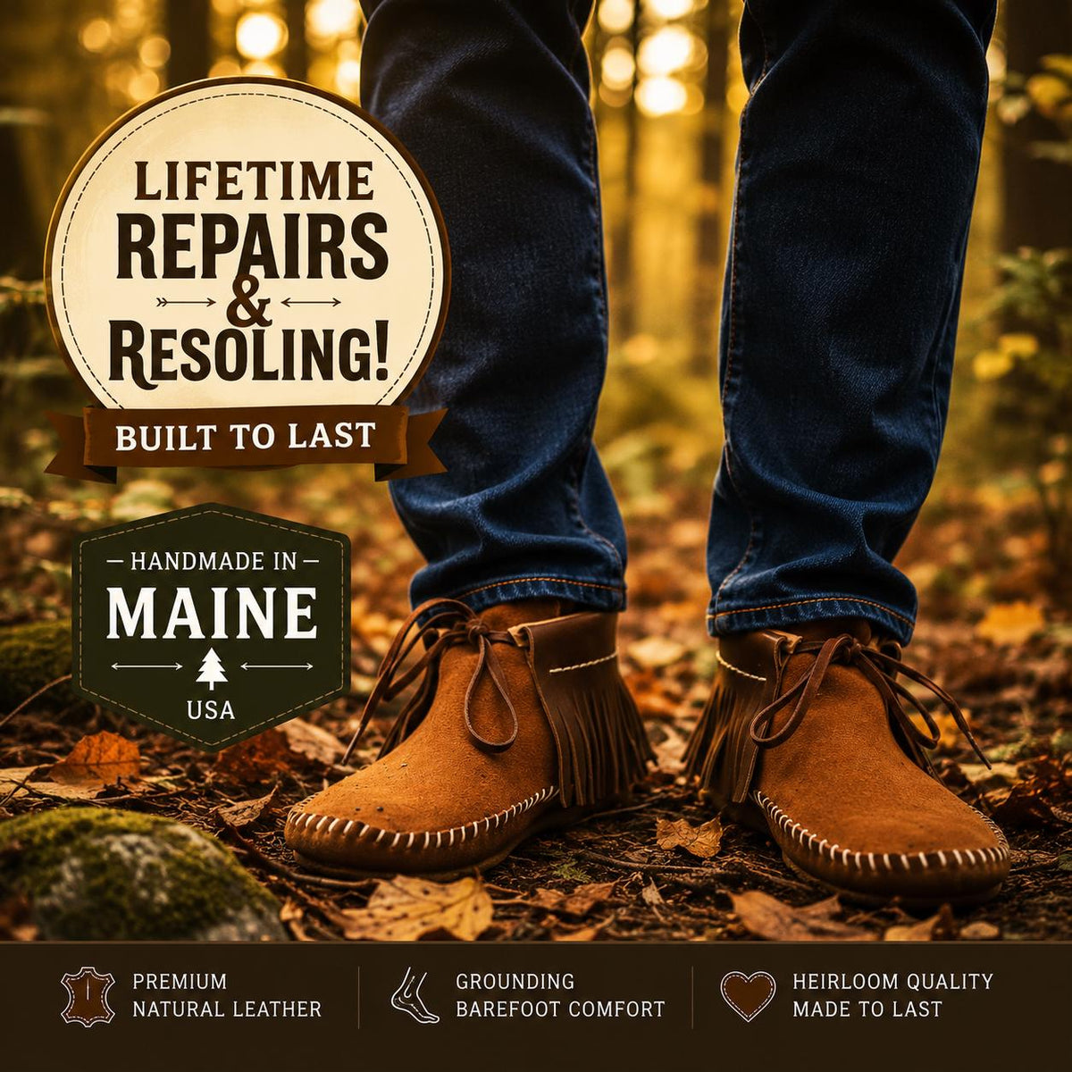 Handmade Grounding Leather Moccasins | Deerskin, Double Sole Fringe Boots
