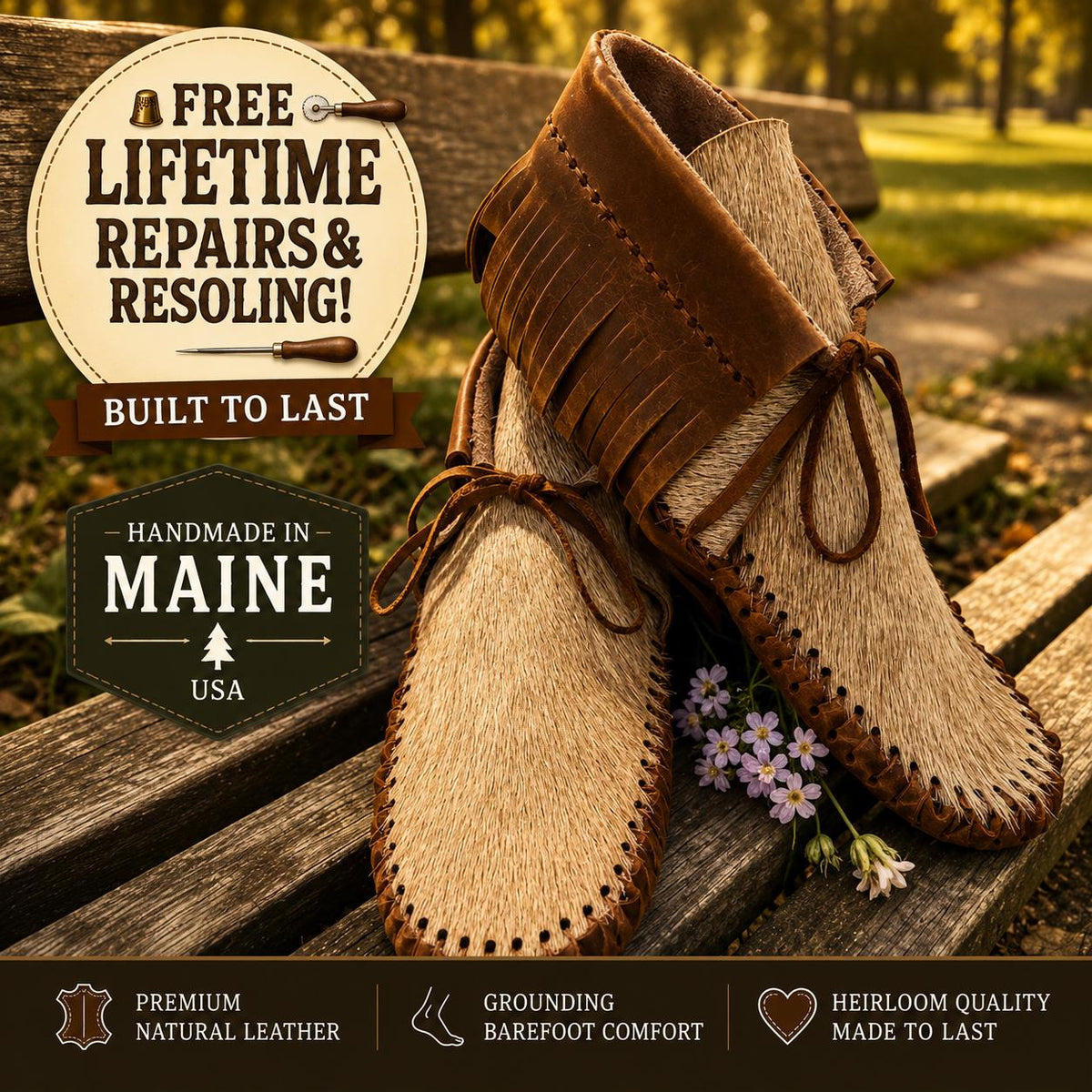 Handmade Hair-On Hide Moccasins | Deerskin, Double Sole Fringe Boots