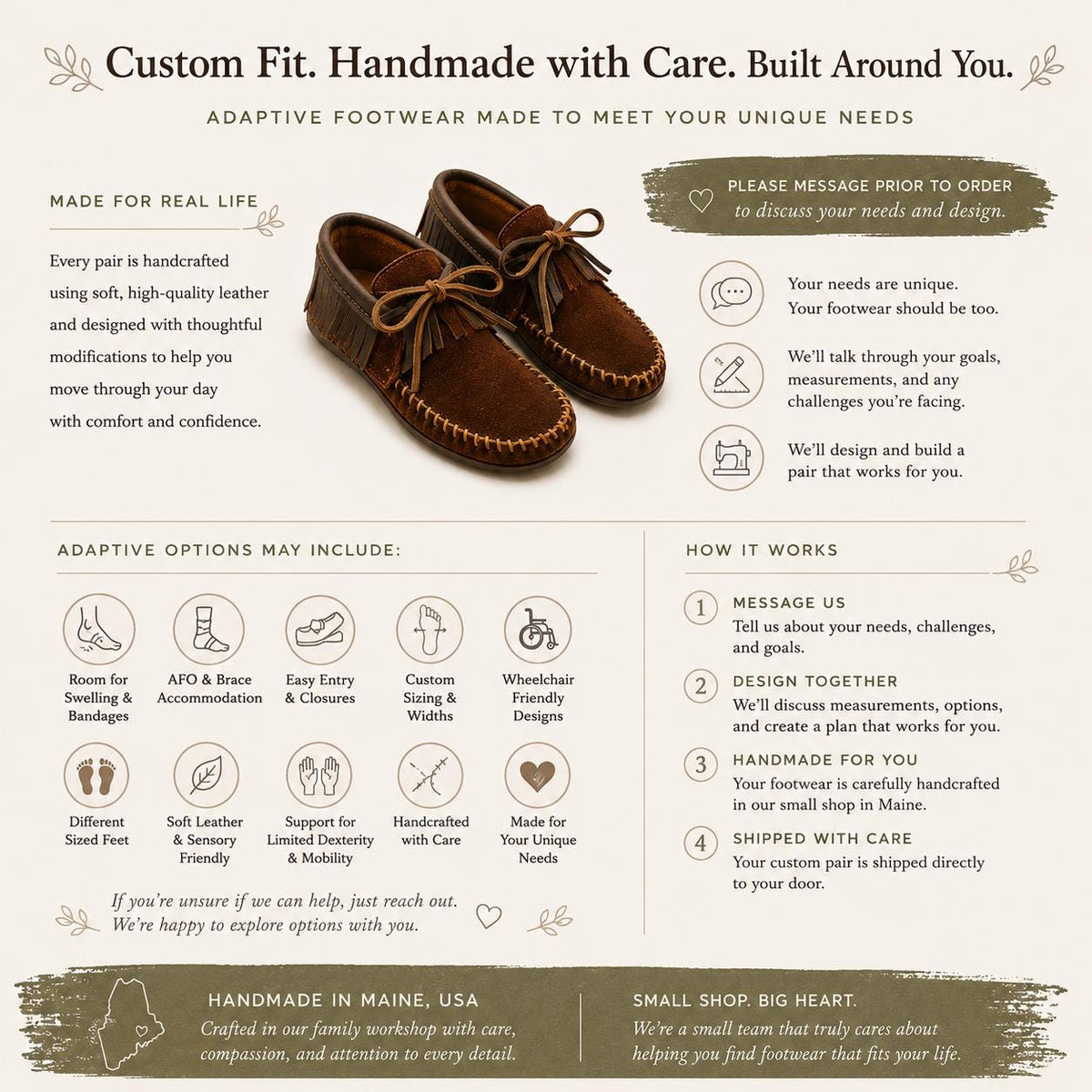 Custom Adaptive Leather Footwear | Disability Friendly Shoes | AFO & Brace Accommodation | Wide Width | Swelling Friendly | Sensory Friendly