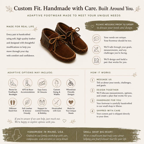 Custom Adaptive Leather Footwear | Disability Friendly Shoes | AFO & Brace Accommodation | Wide Width | Swelling Friendly | Sensory Friendly