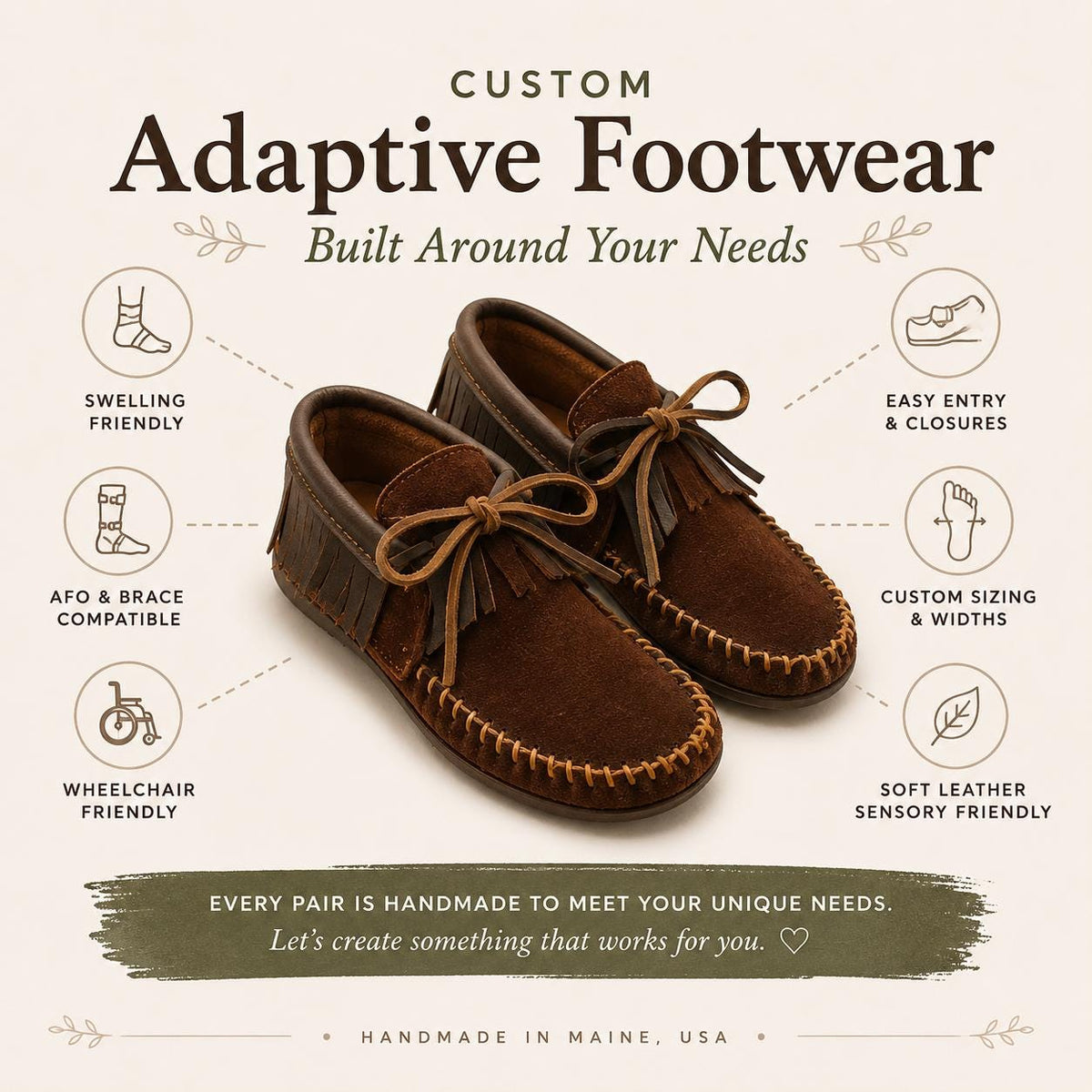 Custom Adaptive Leather Footwear | Disability Friendly Shoes | AFO & Brace Accommodation | Wide Width | Swelling Friendly | Sensory Friendly