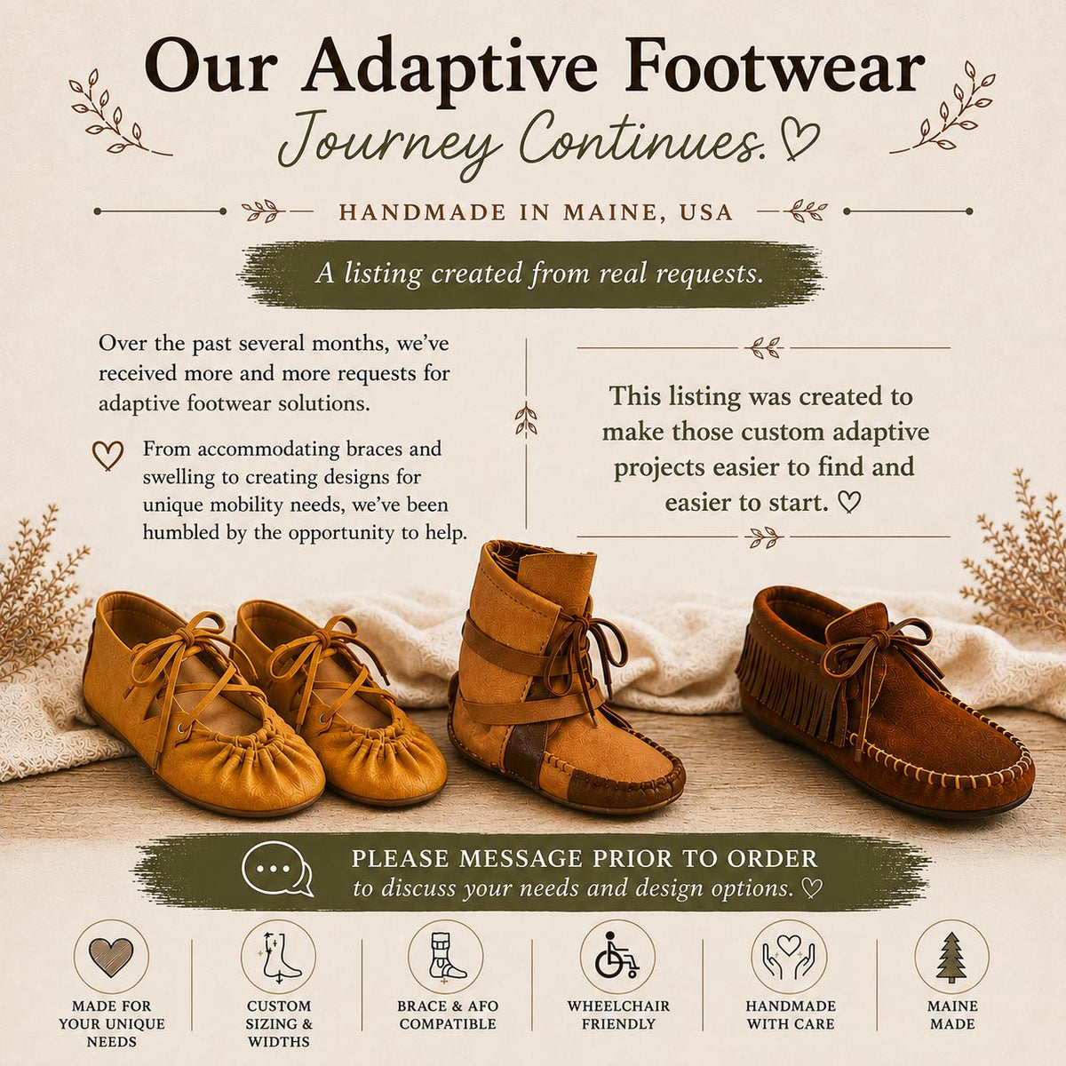 Custom Adaptive Leather Footwear | Disability Friendly Shoes | AFO & Brace Accommodation | Wide Width | Swelling Friendly | Sensory Friendly