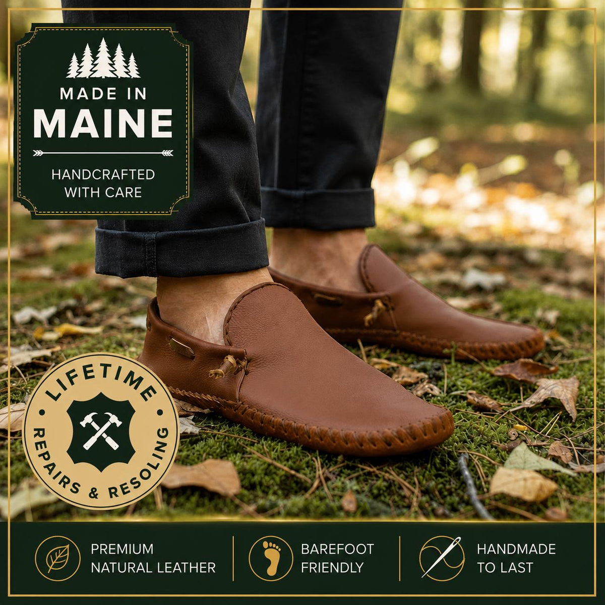 Leather Slip On Moccasins | Handmade Barefoot Shoes | Custom Leather Footwear | Minimalist Wide Toe Box | Made in Maine
