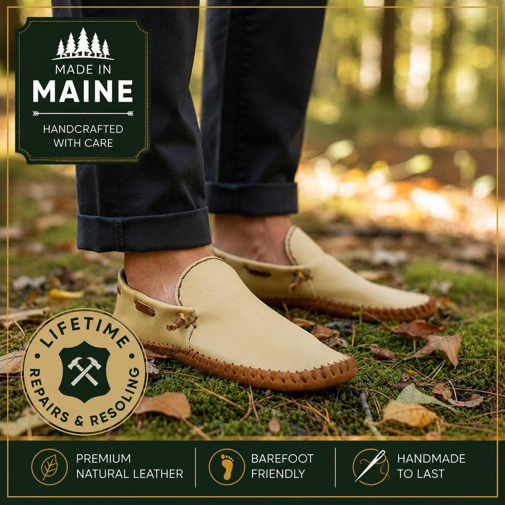 Handmade Leather House Shoes | Slip On Moccasins | Soft Leather Slippers | Barefoot Footwear  | Made in Maine