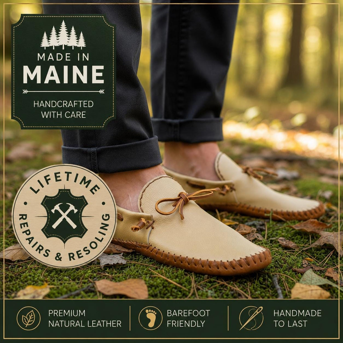 Leather Slip On Moccasins | Handmade Barefoot Shoes | Custom Leather Footwear | Minimalist Wide Toe Box | Made in Maine