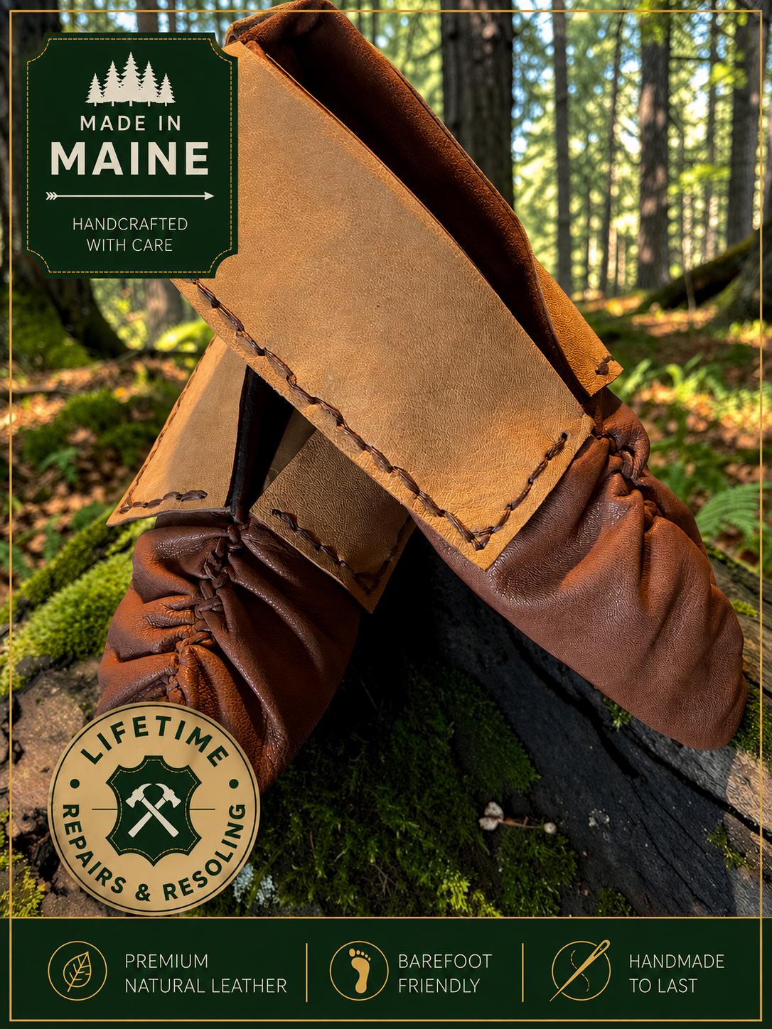 Leather Puckertoe Moccasins | Handmade Barefoot Shoes | Traditional Woodland Footwear | Custom Made in Maine