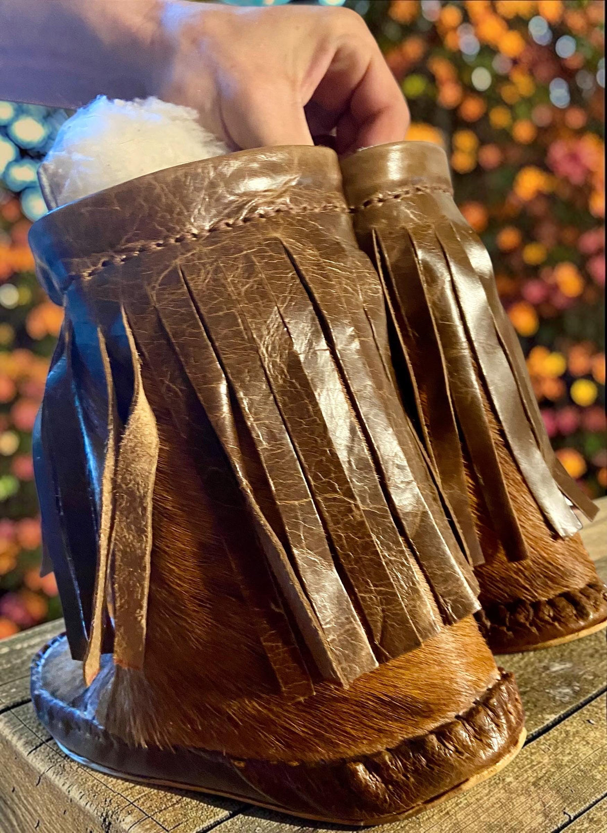 Shearling Lined Hair-On Hide Moccasin Boots | Handmade Leather Fringe Winter Boots | Barefoot Boots | Made in Maine USA