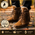 Shearling Lined Hair-On Hide Moccasin Boots | Handmade Leather Fringe Winter Boots | Barefoot Boots | Made in Maine USA