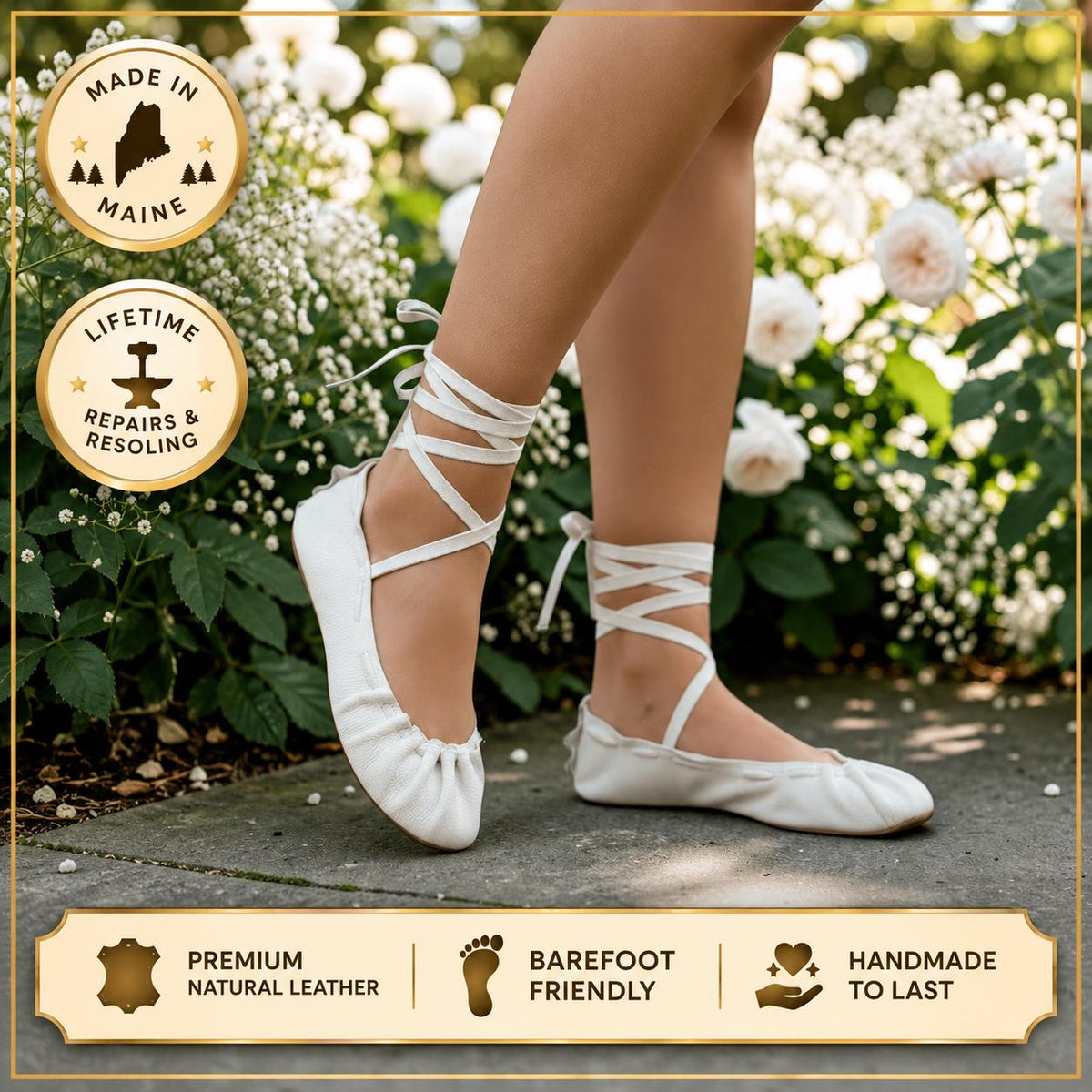 Earthing Ballet Flats Sandals | Custom Barefoot Shoes for Women | Handmade Lace Up Flats | Minimalist Leather Sandals | Made in Maine