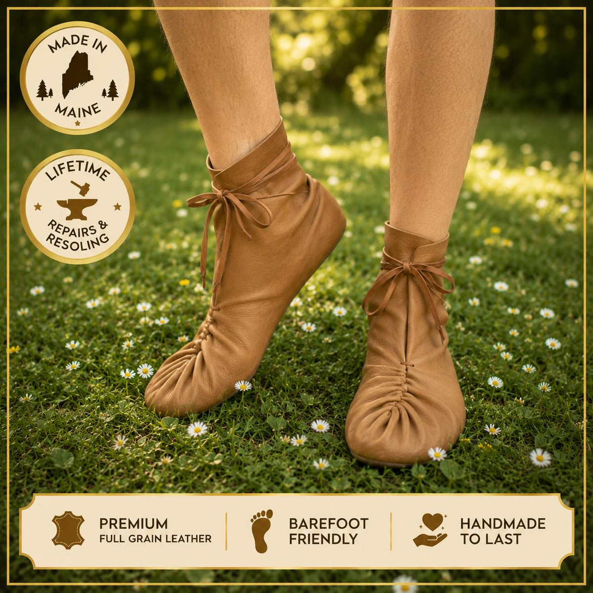 Handmade Pucker Toe Wrap Boots | Custom Leather Barefoot Boots | Minimalist Ankle Moccasins | Grounding Boots Soft Sole | Made in Maine