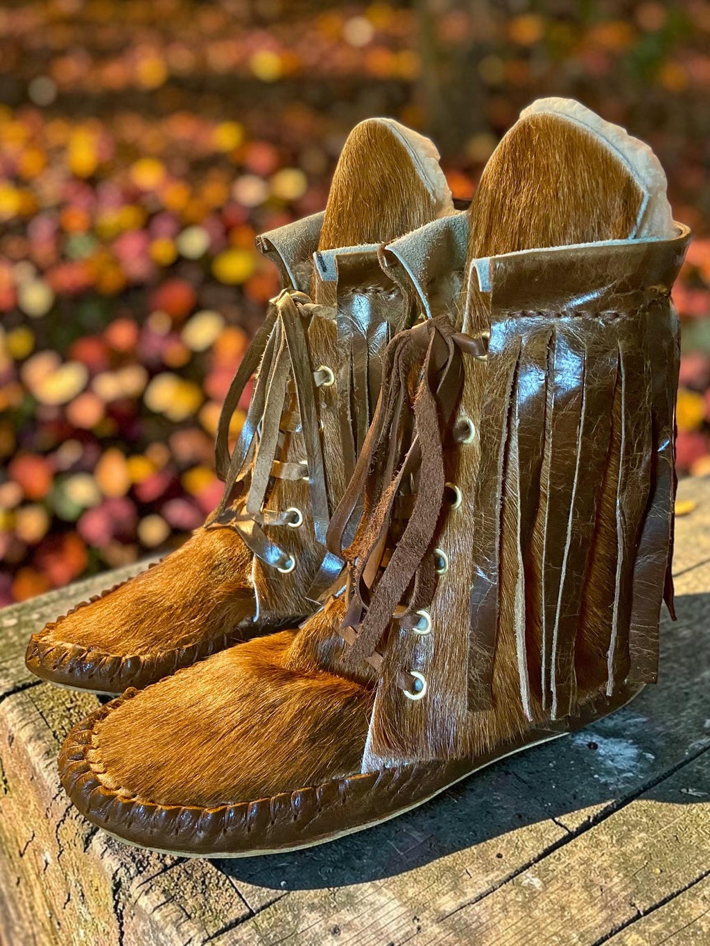 Shearling Lined Hair-On Hide Moccasin Boots | Handmade Leather Fringe Winter Boots | Barefoot Boots | Made in Maine USA