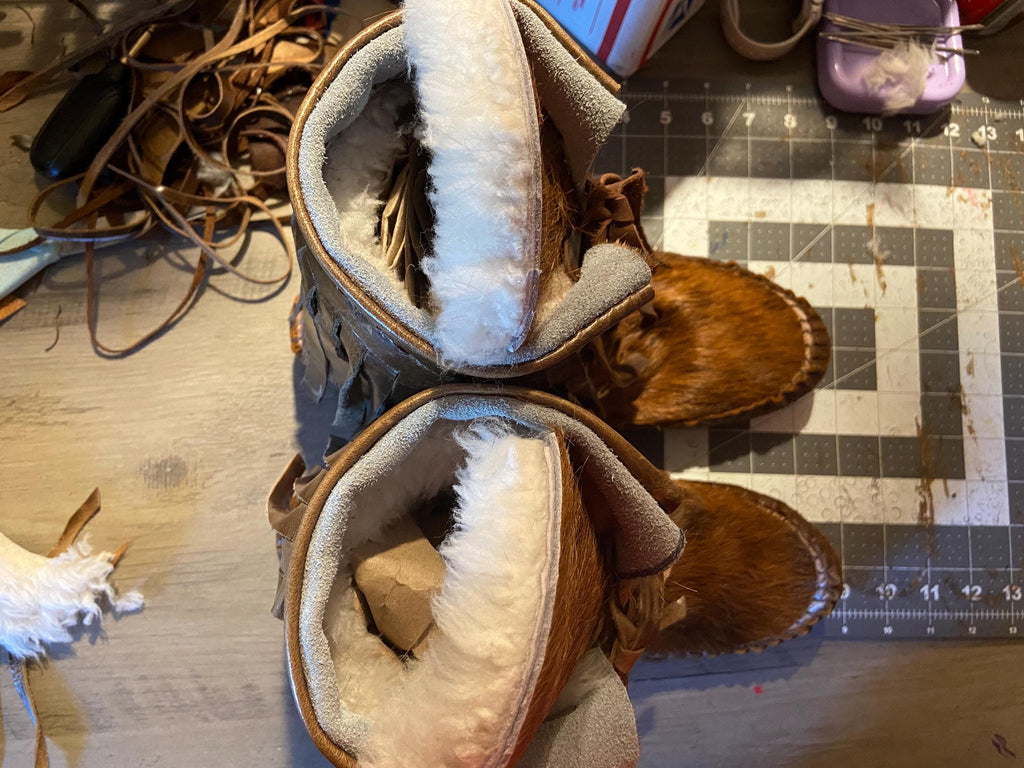 Custom Fringed Moccasin Boots, Handmade Leather Tall Moccasins, Barefoot Boots, Rustic Boho Fringe Boots, Made in Maine