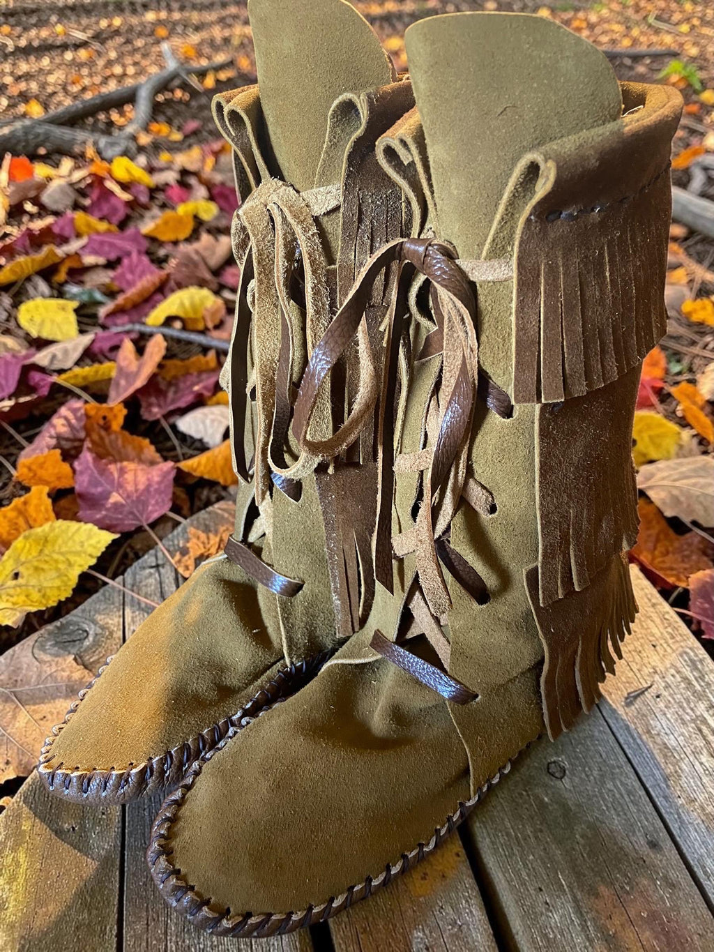 Custom Fringed Moccasin Boots, Handmade Leather Tall Moccasins, Barefoot Boots, Rustic Boho Fringe Boots, Made in Maine