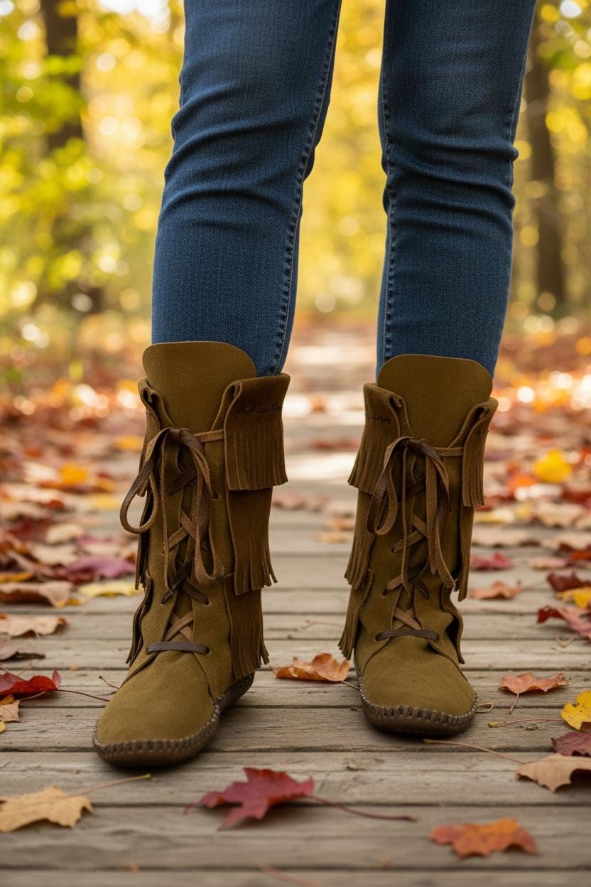 Tall Fringed Moccasin Boots, Handmade Custom Moccasins, Barefoot Boots, Boho Fringe Boots, Leather Earthing Boots