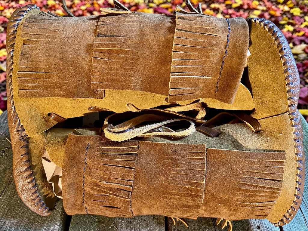 Custom Fringed Moccasin Boots, Handmade Leather Tall Moccasins, Barefoot Boots, Rustic Boho Fringe Boots, Made in Maine