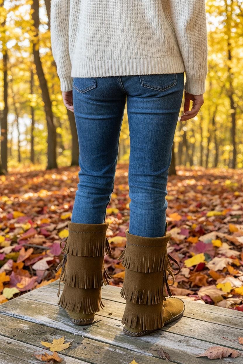 Tall Fringed Moccasin Boots, Handmade Custom Moccasins, Barefoot Boots, Boho Fringe Boots, Leather Earthing Boots
