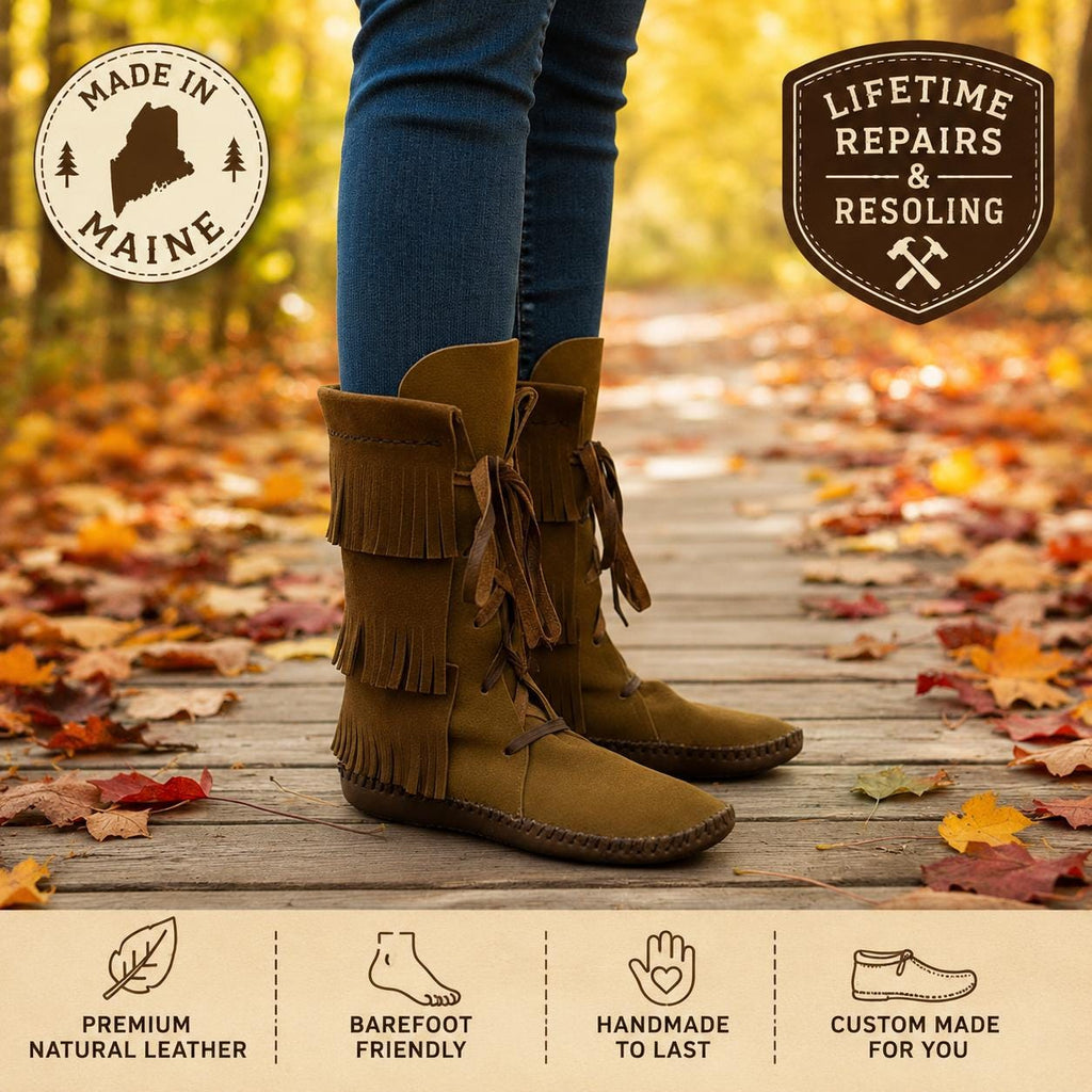 Tall Fringed Moccasin Boots, Handmade Custom Moccasins, Barefoot Boots, Boho Fringe Boots, Leather Earthing Boots