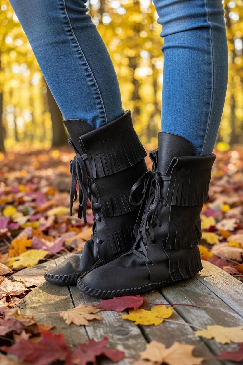 Tall Fringed Moccasin Boots, Handmade Custom Moccasins, Barefoot Boots, Boho Fringe Boots, Leather Earthing Boots