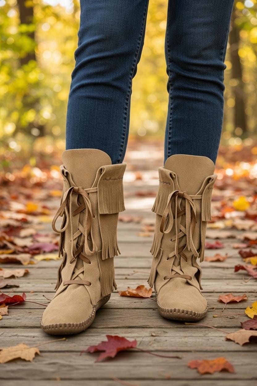 Tall Fringed Moccasin Boots, Handmade Custom Moccasins, Barefoot Boots, Boho Fringe Boots, Leather Earthing Boots
