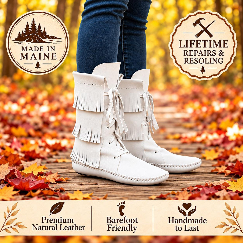 Tall Fringed Moccasin Boots, Handmade Custom Moccasins, Barefoot Boots, Boho Fringe Boots, Leather Earthing Boots